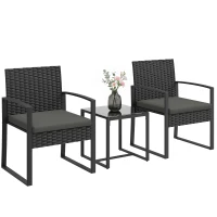 Outsunny Outdoor Bistro Set, 3 Piece Wicker Patio Furniture Set with Glass Top Table and Cushions for Porch, Balcony, Dark Grey(m-9)