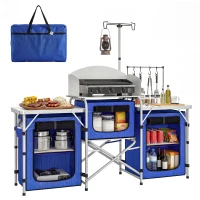 Outsunny Aluminum Camping Kitchen, Portable Folding Camping Table with Fabric Cupboards, Windshield, Bag for BBQ, Picnic, Blue(m-2)