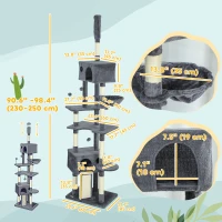 PawHut 91"-98" Floor to Ceiling Cat Tree with 2 Condos, Hammock and Sisal Scratching Posts, for Indoor, Dark Grey(m-3)