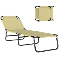 Outsunny Outdoor Folding Lounge Chair, Steel Tanning Chair with Reclining Back, Breathable Mesh for Beach, Yard, Patio, Cream(m-13)