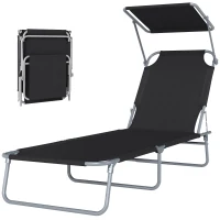 Outsunny Outdoor Lounge Chair, Adjustable Folding Chaise Lounge, Tanning Chair with Sun Shade for Beach, Camping, Hiking, Backyard, Black(m-11)