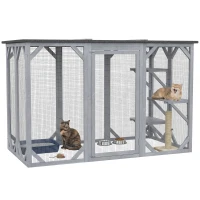 PawHut 44.1" H Cat Cage, Indoor Outdoor Wooden Enclosure Pet House, Small Animal Cage Hutch, Suitable for Rabbit, Dogs, Kitten, Crate Kennel with Waterproof Roof, Multi-Level Platforms, Lock, Grey(m-2)