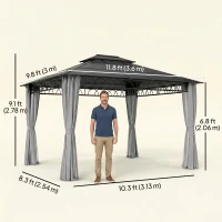 Outsunny 10' x 12' Outdoor Hardtop Gazebo Canopy w/ Double PC Roof, Steel Frame, Nettings, Curtains for Garden Lawn Deck, Grey(m-3)