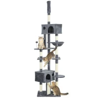 PawHut 91"-98" Floor to Ceiling Cat Tree with 2 Condos, Hammock and Sisal Scratching Posts, for Indoor, Dark Grey(m-9)