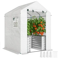 Outsunny Greenhouse with Raised Garden Bed, Galvanized Metal Planter Box with PE Cover, Roll Up Door, 56" x 56" x 75", White(m-9)