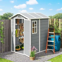 Outsunny 6' x 4' Outdoor Storage Shed, Plastic Shed with Floor, Window, Lockable Door and Vents for Outdoor Patio Storage, Gray(m-8)