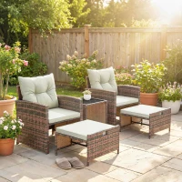 Outsunny 5 Piece Patio Furniture Set, Wicker Patio Chairs with Ottomans, 2-Tier Glass Coffee Table and Cushions, Brown/Cream(m-8)