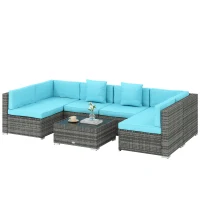 Outsunny 7 Pieces Outdoor Rattan Furniture Set, Patio Wicker Sectional Conversation Sofa Set, Blue(m-2)