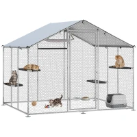 PawHut Large Catio Outdoor Cat Enclosure with Waterproof Cover, Walk-in Cat Patio w/ 5 Adjustable Platforms & Hammock 94.5" L(m-9)