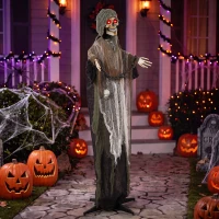 HOMCOM 5.6 ft Animated Grim Reaper, Life-Size Halloween Animatronic with Moving Hands/Head, Glowing Eyes, Creepy Sound(m-8)