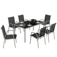 Outsunny 7 Piece Garden Dining Set, Garden Furniture Set with Rectangle Table and 6 Stackable Chairs(m-9)