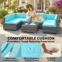 Outsunny 7 Pieces Outdoor Rattan Furniture Set, Patio Wicker Sectional Conversation Sofa Set, Blue(m-5)