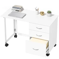 HOMCOM Computer Desk Foldable Top Office Desk 3 Drawers, 4 Lockable Wheels, White Wood Grain(m-13)