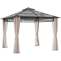 Outsunny 10' x 10' Outdoor Hardtop Gazebo Canopy w/ Double PC Roof, Steel Frame, Nettings, Curtains for Garden Lawn Deck, Khaki(m-9)