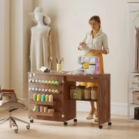 HOMCOM Sewing Machine Table on Wheels, Folding Craft Table with 2 Bins, Storage Shelf, 18 Pegs, Lockable Wheels, Brown(m-8)