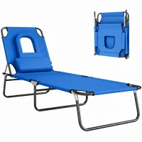 Outsunny Folding Chaise Lounge Chair, Reclining Beach Tanning Chair with Face Hole, Pillow, 4-Position Adjustable Lay Flat Sun Lounger, Steel Frame for Outdoor Patio Pool, Blue(m-2)