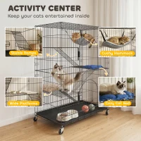 PawHut 4-Tier Cat Cage, Large Cat Enclosure with Lockable Wheels, Tray, Hammock, Bed, 3 Ramp, 3 Platforms for 3-5 Kittens(m-6)