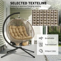 Outsunny Double Egg Chair with Stand, 2 Person Hanging Swing Egg Chair with Cushion, Pockets, Khaki(m-4)