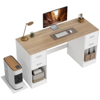 HOMCOM Office Desk, 55" Computer Desk with 4 Reversible Drawers, Mobile PC Stand, Adjustable Shelf, White Wood Grain(m-9)