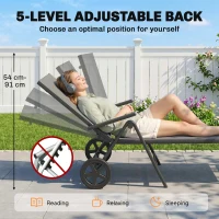 Outsunny Outdoor Lounge Chair, 5-Level Adjustable Folding Chaise Chair with 2 Wheels for Backyard, Beach, Poolside, Grey(m-4)