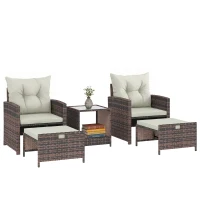 Outsunny 5 Piece Patio Furniture Set, Wicker Patio Chairs with Ottomans, 2-Tier Glass Coffee Table and Cushions, Brown/Cream(m-9)