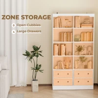 HOMCOM Bookshelf with 8 Cubbies and 4 Drawers, 5-Tier Double Wide Bookcase with Storage, Standing Book Cabinet, White(m-4)