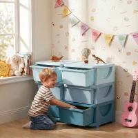 Qaba 3 Tier Kids Toy Organizer and Storage Bins with 6 Plastic Drawers, Blue(m-1)