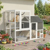 PawHut Catio Outdoor Cat Enclosure, 63" L Large Cat House with 4-Way Adjustable Door, Private House, Hammock, 2 Platforms(m-1)