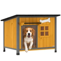 PawHut Outdoor Dog House with Anti-Chewing Steel Frame, Openable Roof, Removable Floor, Door Curtain, Yellow(m-9)