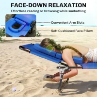 Outsunny Folding Chaise Lounge Chair, Reclining Beach Tanning Chair with Face Hole, Pillow, 4-Position Adjustable Lay Flat Sun Lounger, Steel Frame for Outdoor Patio Pool, Blue(m-4)
