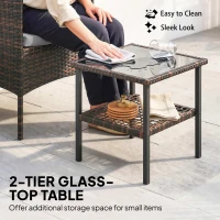 Outsunny Wicker Bistro Set, 3 Piece Patio Furniture Set with 2-Tier Glass Top Table, Cushions for Balcony, Porch, Dark Grey(m-7)