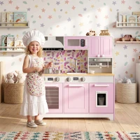 Qaba Play Kitchen, Kids Kitchen Playset with Coffee Maker, Ice Maker, Clicking Knobs, Storage, Accessories for 3-8 Years(m-9)