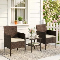 Outsunny Wicker Bistro Set, 3 Piece Patio Furniture Set with 2-Tier Glass Top Table, Cushions for Balcony, Porch, Khaki(m-1)
