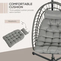 Outsunny Hanging Egg Chair with Stand, Foldable Wicker Rattan Swing Chair with Thick Cushion, Light Grey(m-6)