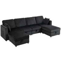 HOMCOM Modular Sofa, U-Shaped Corduroy Couch with Dual Storage Ottoman, Under-Seat Storage, 4 Pillows, Dark Grey(m-13)