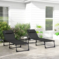 Outsunny 2 Folding Chaise Lounge Pool Chairs with 4-Position Reclining Back, Pillow, Breathable Mesh & Bungee Seat, Black(m-10)