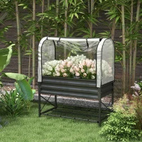 Outsunny Raised Garden Bed with Cover, Metal Elevated Planter Box with Bottom Shelf and Liner, Black(m-1)