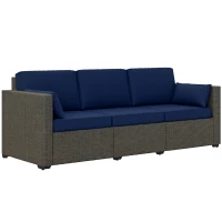 Outsunny 3-Seater Outdoor Sofa with Cushions, PE Rattan Conversation Patio Couch with Pillows for Garden, Poolside, Blue/Brown(m-9)