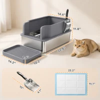 PawHut Stainless Steel Sifting Litter Box for Pine Pellets, Large Metal Litter Box with Sifter Tray, Metal Scoop, 10 Pee Pads(m-3)