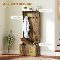 HOMCOM 4-In-1 Hall Tree with Coat Rack, Top Shelf, Shoe Storage and Bench Seat, Entryway Bench with 4 Hooks, Rustic Brown(m-4)