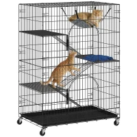 PawHut 4-Tier Cat Cage, Large Cat Enclosure with Lockable Wheels, Tray, Hammock, Bed, 3 Ramp, 3 Platforms for 3-5 Kittens(m-9)
