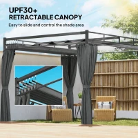 Outsunny 10' x 10' Outdoor Gazebo, Retractable Pergola Canopy with Curtains, UPF30+ Free Standing Metal Pergola Kit, Dark Grey(m-4)