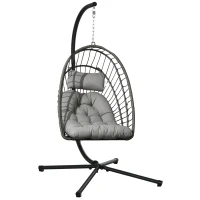 Outsunny Hanging Egg Chair with Stand, Foldable Wicker Rattan Swing Chair with Thick Cushion, Light Grey(m-9)