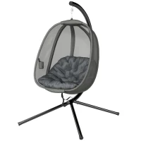 Outsunny Hanging Egg Chair, Outdoor Indoor Swing Chair with Stand, Folding Basket and Thickened Cushion, Grey(m-2)