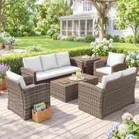 Outsunny 6 Pieces Wicker Patio Furniture Set with Cushions, 7-Seater Rattan Patio Sofa Set with Storage Table, Cream White(m-8)