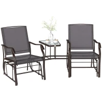 Outsunny Double Patio Glider Chair with Glass Top Center Table, Outdoor Glider Loveseat with High Back,  All Weather Breathable Mesh Fabric for Garden, Backyard, Deck, Grey(m-2)