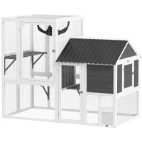 PawHut Catio Outdoor Cat Enclosure, 63" L Large Cat House with 4-Way Adjustable Door, Private House, Hammock, 2 Platforms(m-2)