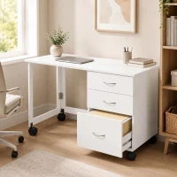 HOMCOM Computer Desk Foldable Top Office Desk 3 Drawers, 4 Lockable Wheels, White Wood Grain(m-1)