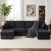 HOMCOM Modular Sofa, U-Shaped Corduroy Couch with Dual Storage Ottoman, Under-Seat Storage, 4 Pillows, Dark Grey(m-8)