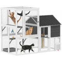 PawHut Catio Outdoor Cat Enclosure, 63" L Large Cat House with 4-Way Adjustable Door, Private House, Hammock, 2 Platforms(m-9)